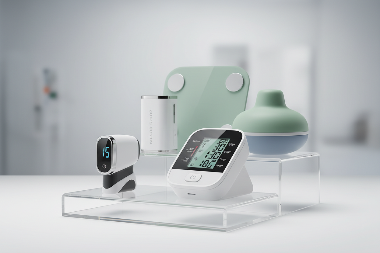 Composición profesional de productos de salud de alta calidad para Salude Shop, oxímetro de pulso, monitor de presión arterial, dispositivos de bienestar, iluminación suave y limpia, estilo premium, fotografía realista, concepto de confianza y seguridad, fondo claro, sin texto, sin logotipos, e-commerce hero banner, 16:9