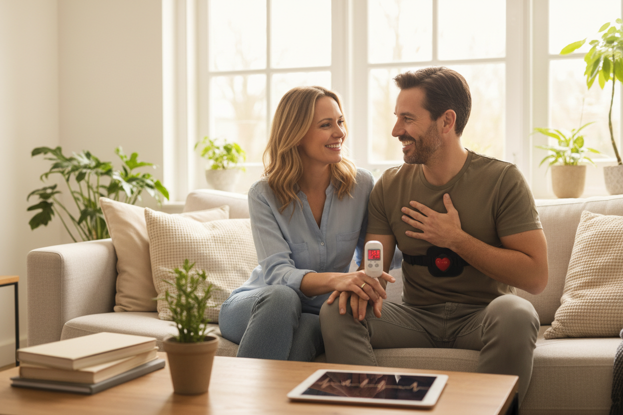 Pareja sonriente en casa revisando sus signos vitales con dispositivos médicos, oxímetro y monitor cardíaco, luz natural, estilo lifestyle, fotografía profesional, sin marcas